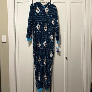Soft *Frozen* Olaf Print Pajamas One Piece Hooded Full Zipper Open Feet